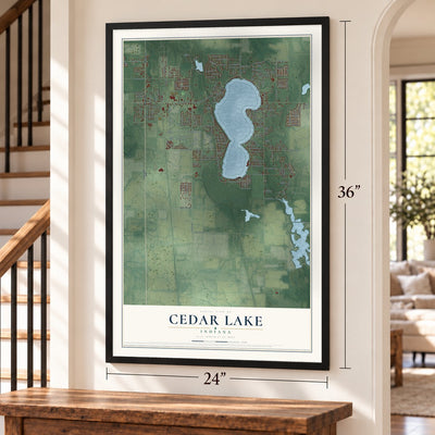Cedar Lake, Indiana map, 24 x 36 inch print in a black frame by a staircase