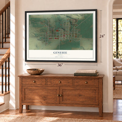 Genesee, Idaho map, 24 x 36 inch print in a black frame above a dresser by a staircase