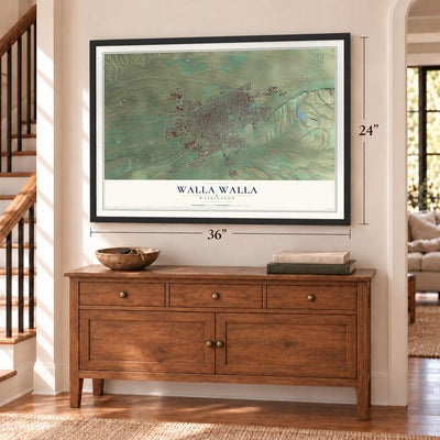 Walla Walla, Washington map, 24 x 36 inch print in a black frame above a dresser by a staircase