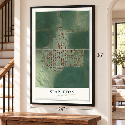 Stapleton, Nebraska map, 24 x 36 inch print in a black frame by a staircase