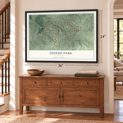 Tuxedo Park, Georgia map, 24 x 36 inch print in a black frame above a dresser by a staircase