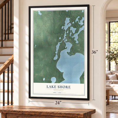 Lake Shore, Minnesota map, 24 x 36 inch print in a black frame by a staircase