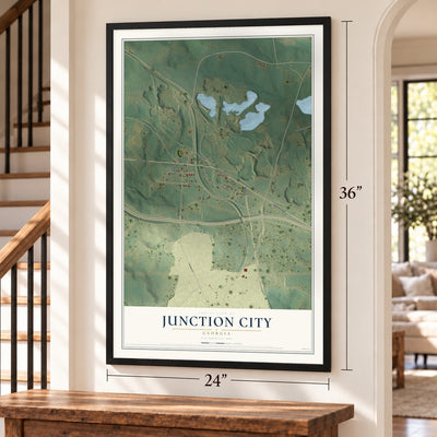 Junction City, Georgia map, 24 x 36 inch print in a black frame by a staircase