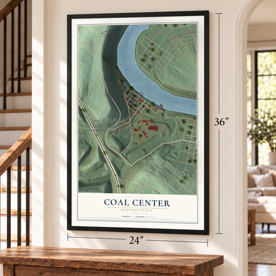 Coal Center, Pennsylvania map, 24 x 36 inch print in a black frame by a staircase