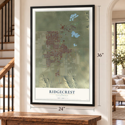 Ridgecrest, California map, 24 x 36 inch print in a black frame by a staircase