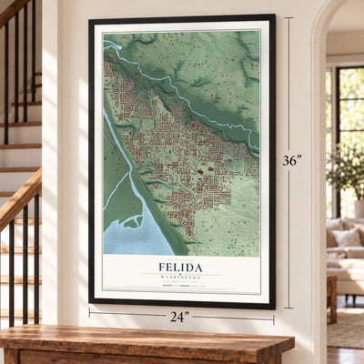 Felida, Washington map, 24 x 36 inch print in a black frame by a staircase