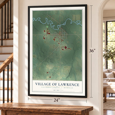 Lawrence, Michigan map, 24 x 36 inch print in a black frame by a staircase