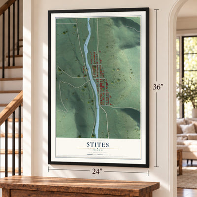 Stites, Idaho map, 24 x 36 inch print in a black frame by a staircase