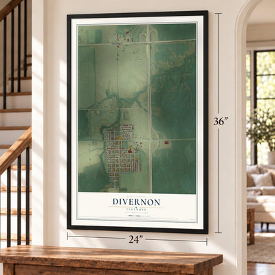 Divernon, Illinois map, 24 x 36 inch print in a black frame by a staircase