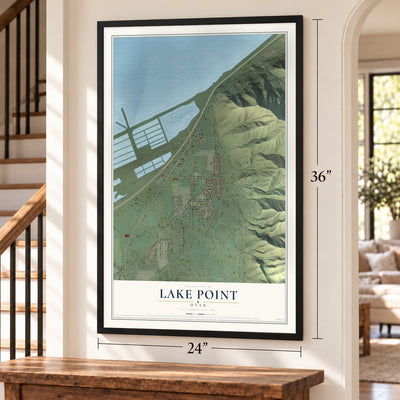 Lake Point, Utah map, 24 x 36 inch print in a black frame by a staircase