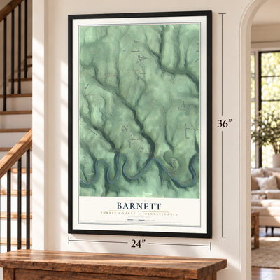 Barnett, Forest County, Pennsylvania map, 24 x 36 inch print in a black frame by a staircase