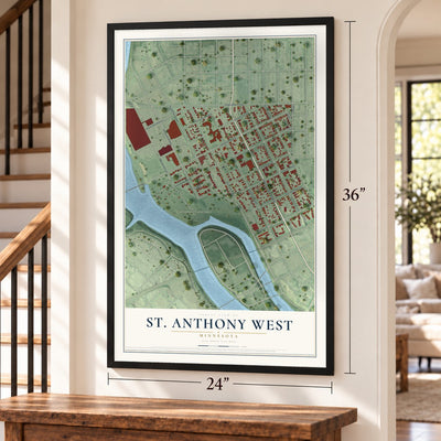 St. Anthony West, Minnesota map, 24 x 36 inch print in a black frame by a staircase