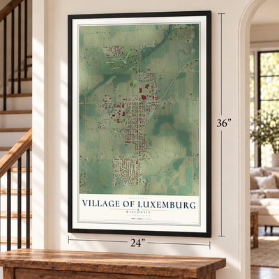 Luxemburg, Wisconsin map, 24 x 36 inch print in a black frame by a staircase