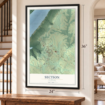 Section, Alabama map, 24 x 36 inch print in a black frame by a staircase