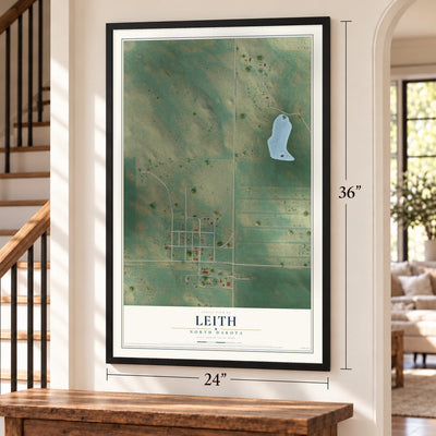 Leith, North Dakota map, 24 x 36 inch print in a black frame by a staircase