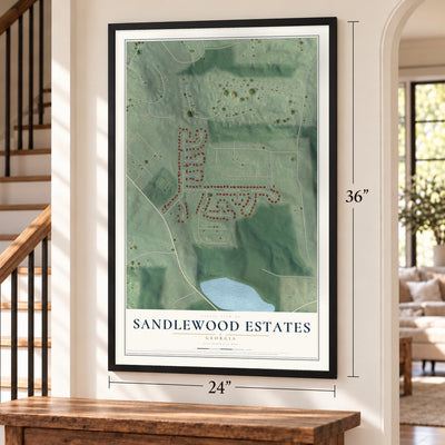 Sandlewood Estates, Georgia map, 24 x 36 inch print in a black frame by a staircase