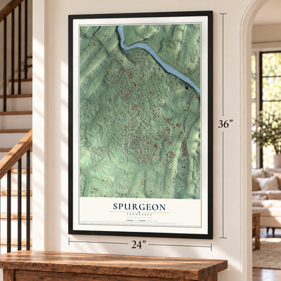 Spurgeon, Tennessee map, 24 x 36 inch print in a black frame by a staircase