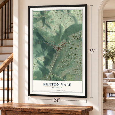 Kenton Vale, Kentucky map, 24 x 36 inch print in a black frame by a staircase