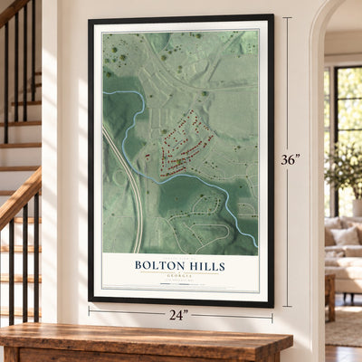 Bolton Hills, Georgia map, 24 x 36 inch print in a black frame by a staircase
