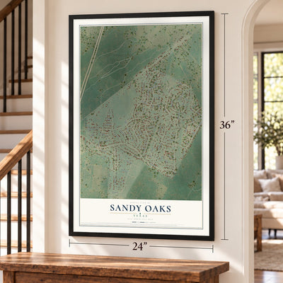 Sandy Oaks, Texas map, 24 x 36 inch print in a black frame by a staircase