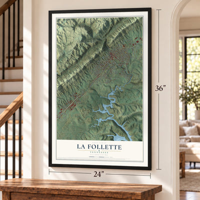 La Follette, Tennessee map, 24 x 36 inch print in a black frame by a staircase