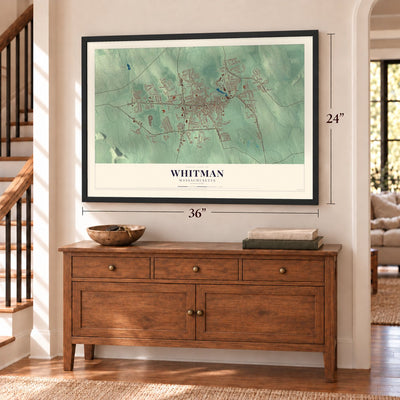 Whitman, Massachusetts map, 24 x 36 inch print in a black frame above a dresser by a staircase