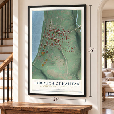 Borough of Halifax, Dauphin County, Pennsylvania map, 24 x 36 inch print in a black frame by a staircase