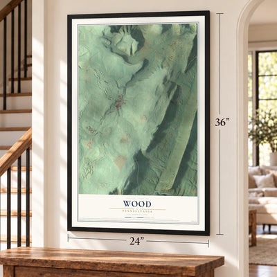 Wood, Pennsylvania map, 24 x 36 inch print in a black frame by a staircase