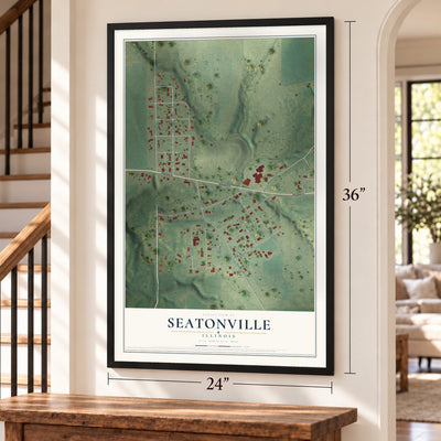 Seatonville, Illinois map, 24 x 36 inch print in a black frame by a staircase