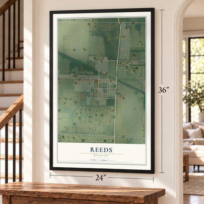 Reeds, Missouri map, 24 x 36 inch print in a black frame by a staircase
