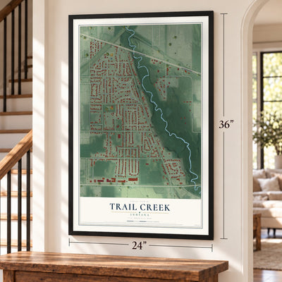 Trail Creek, Indiana map, 24 x 36 inch print in a black frame by a staircase