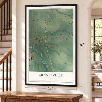 Cranesville, Pennsylvania map, 24 x 36 inch print in a black frame by a staircase