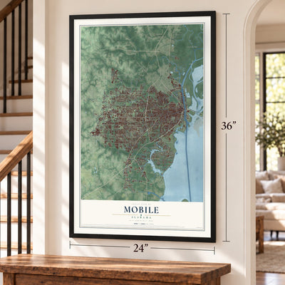 Mobile, Alabama map, 24 x 36 inch print in a black frame by a staircase