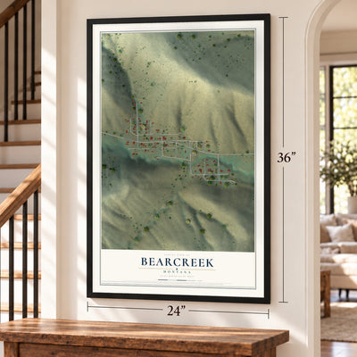 Bearcreek, Montana map, 24 x 36 inch print in a black frame by a staircase