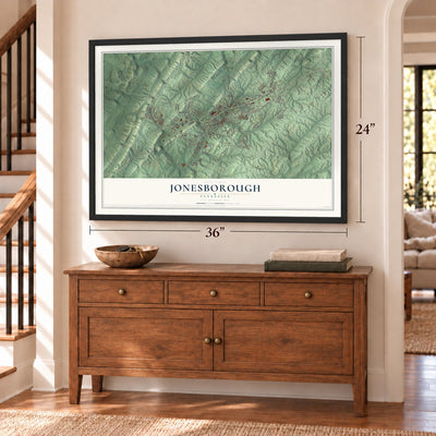 Jonesborough, Tennessee map, 24 x 36 inch print in a black frame above a dresser by a staircase