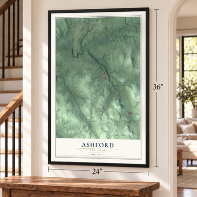 Ashford, New York map, 24 x 36 inch print in a black frame by a staircase