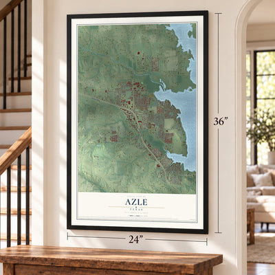 Azle, Texas map, 24 x 36 inch print in a black frame by a staircase