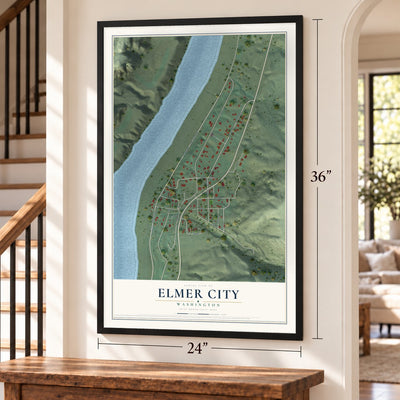 Elmer City, Washington map, 24 x 36 inch print in a black frame by a staircase