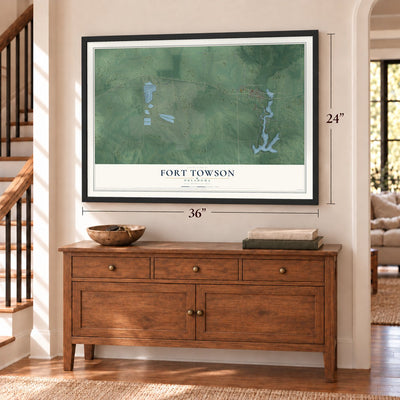 Fort Towson, Oklahoma map, 24 x 36 inch print in a black frame above a dresser by a staircase