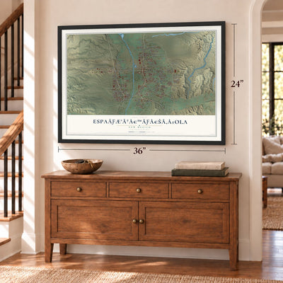 Española, New Mexico map, 24 x 36 inch print in a black frame above a dresser by a staircase