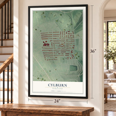 Cylburn, Maryland map, 24 x 36 inch print in a black frame by a staircase