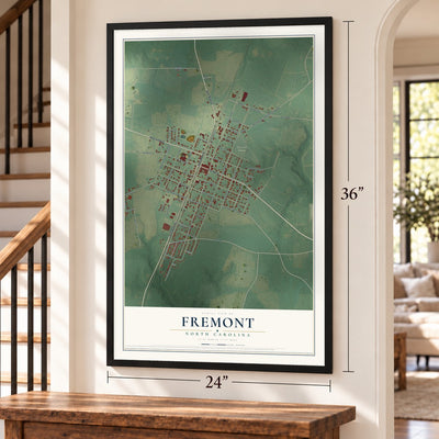 Fremont, North Carolina map, 24 x 36 inch print in a black frame by a staircase