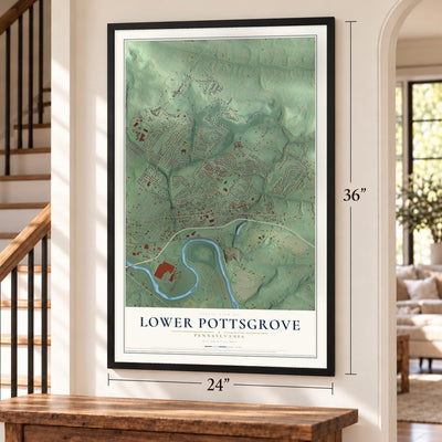 Lower Pottsgrove, Pennsylvania map, 24 x 36 inch print in a black frame by a staircase