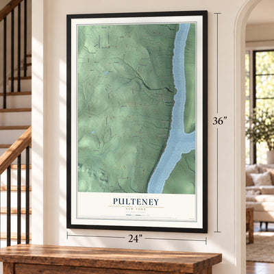 Pulteney, New York map, 24 x 36 inch print in a black frame by a staircase