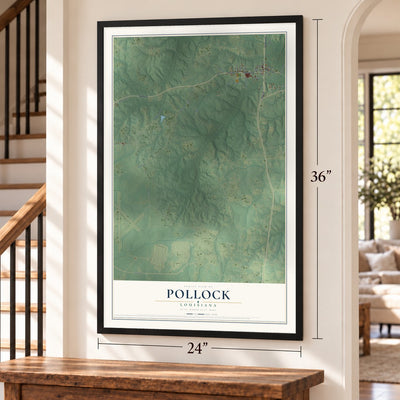 Pollock, Louisiana map, 24 x 36 inch print in a black frame by a staircase