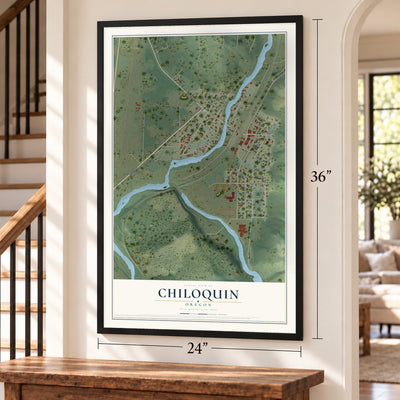 Chiloquin, Oregon map, 24 x 36 inch print in a black frame by a staircase