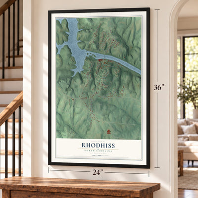 Rhodhiss, North Carolina map, 24 x 36 inch print in a black frame by a staircase