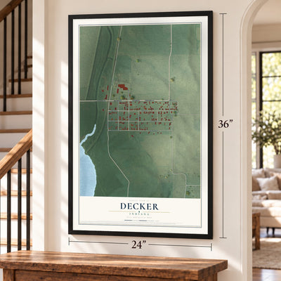 Decker, Indiana map, 24 x 36 inch print in a black frame by a staircase