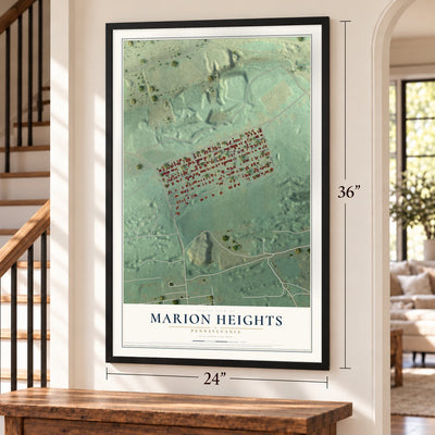 Marion Heights, Pennsylvania map, 24 x 36 inch print in a black frame by a staircase