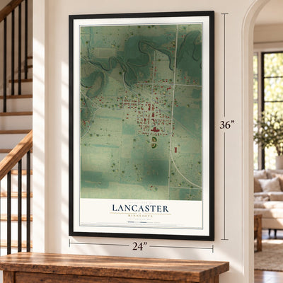 Lancaster, Minnesota map, 24 x 36 inch print in a black frame by a staircase